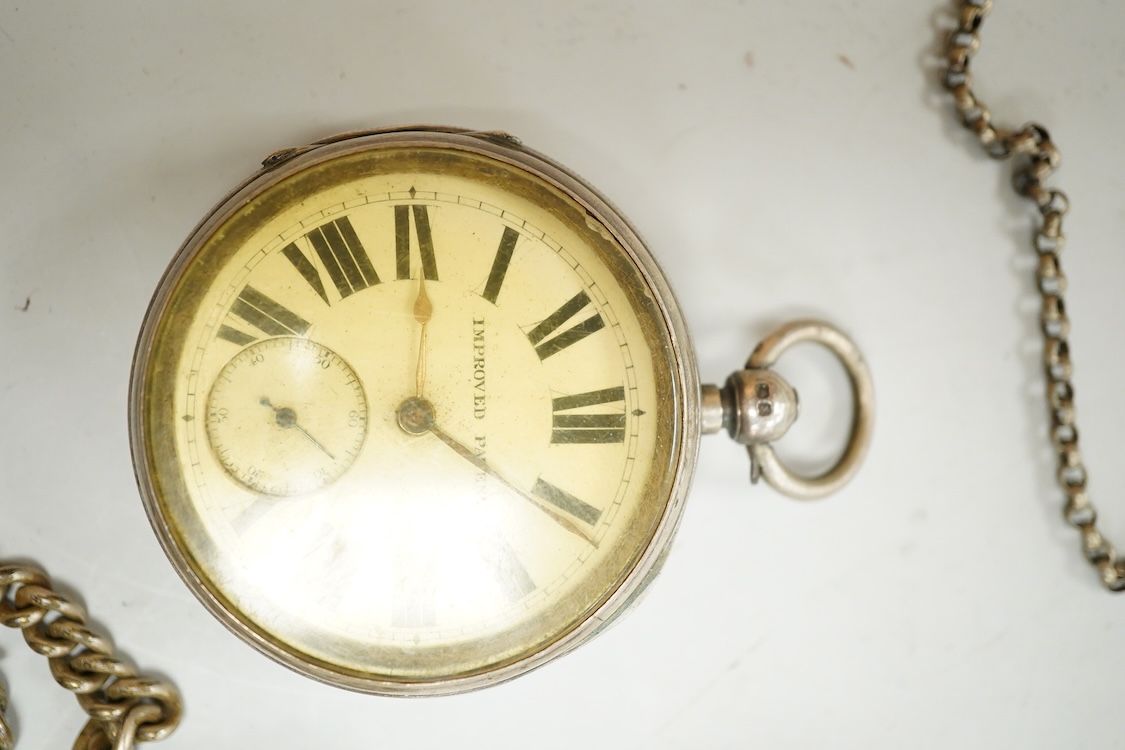 A late Victorian silver 'Improved Patent' open faced pocket watch, with Roman dial and subsidiary seconds, together with four other silver or white metal pocket/fob watches and three base metal chain sections.